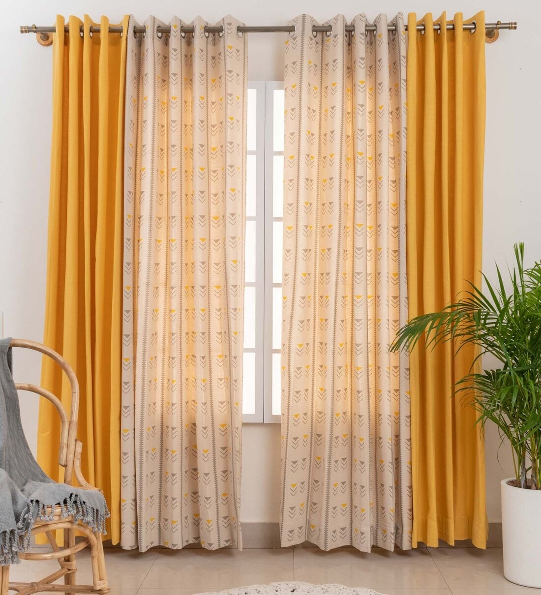 Buy Yellow Cotton Solid 5.5ft Semisheer Eyelet Window Curtains (Pack of