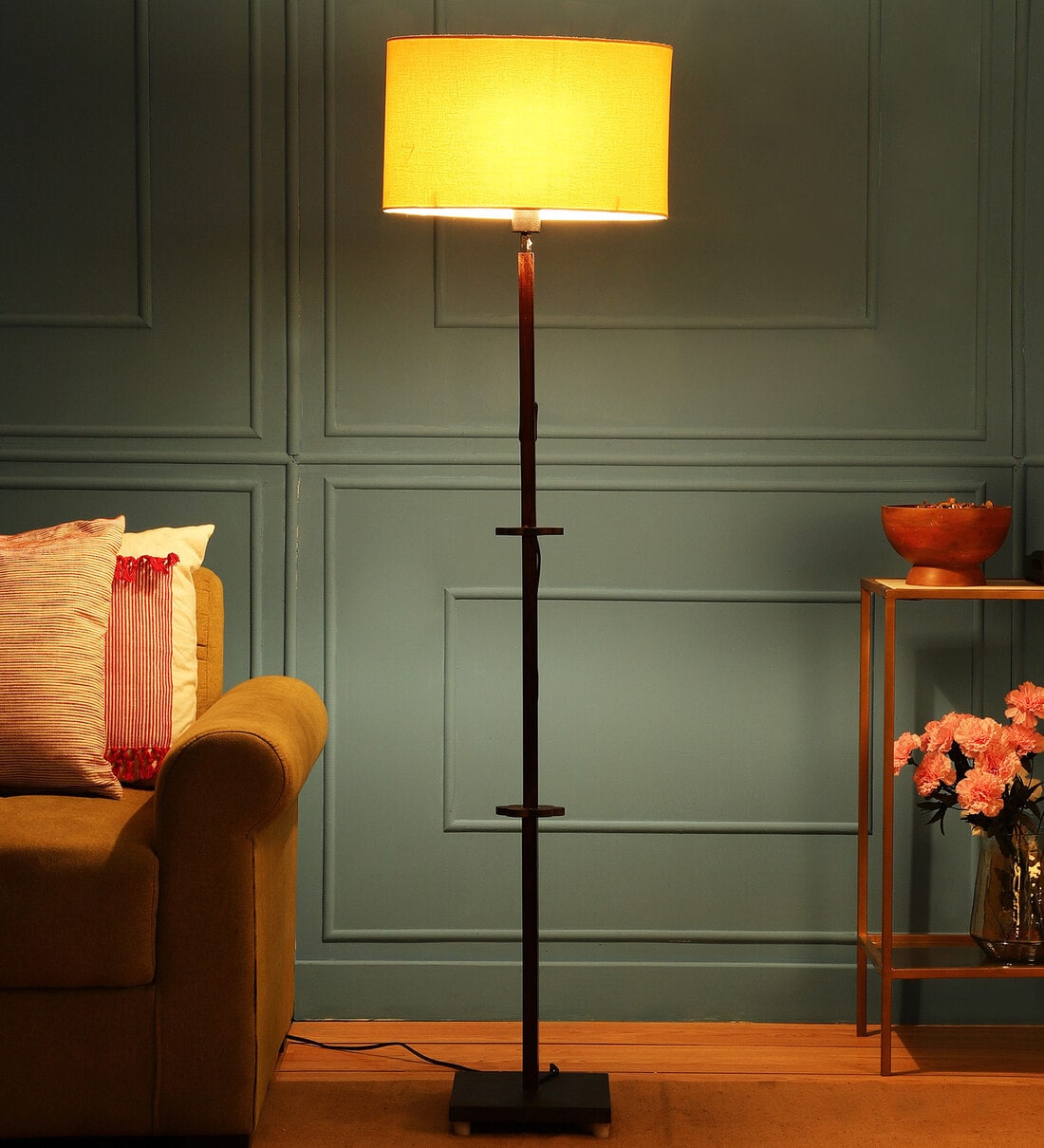 Buy Desmond Yellow Fabric Shade Club Floor Lamp With Wood Base By ...