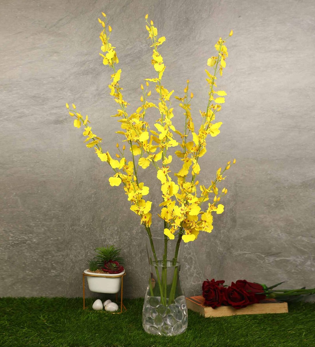 Buy Yellow Fabric Orchid Artificial Flower, Pack of 3 by Pollination