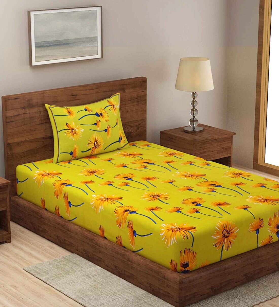 Buy Yellow Floral 120 TC 100 Cotton Single Bed Sheet with Pillow Cover by Rajasthan Decor at 67