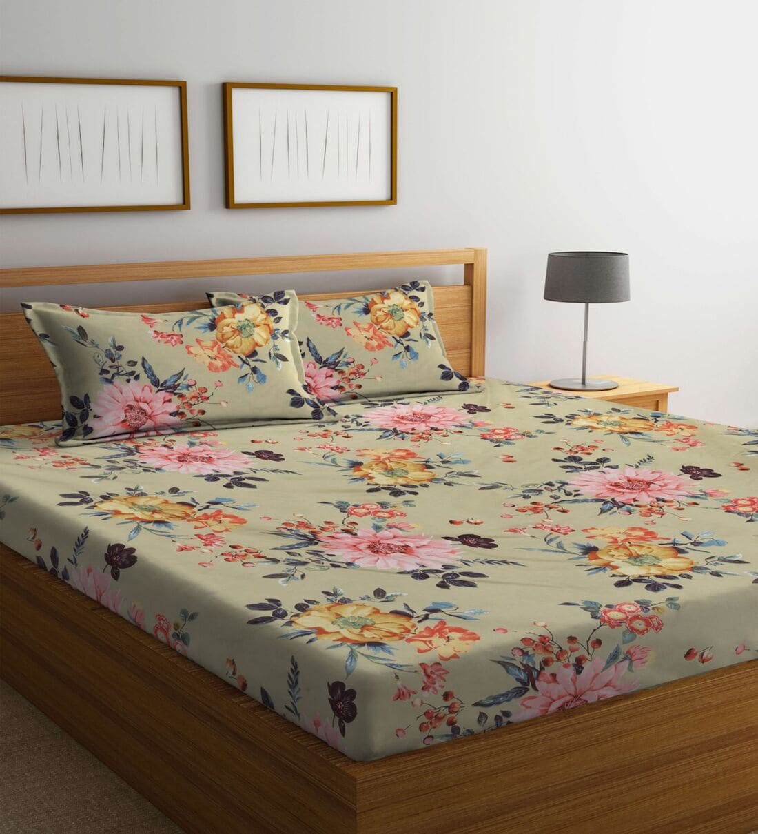 Buy Yellow Floral 300 TC Cotton Blend Double Queen Size Bedsheet With 2