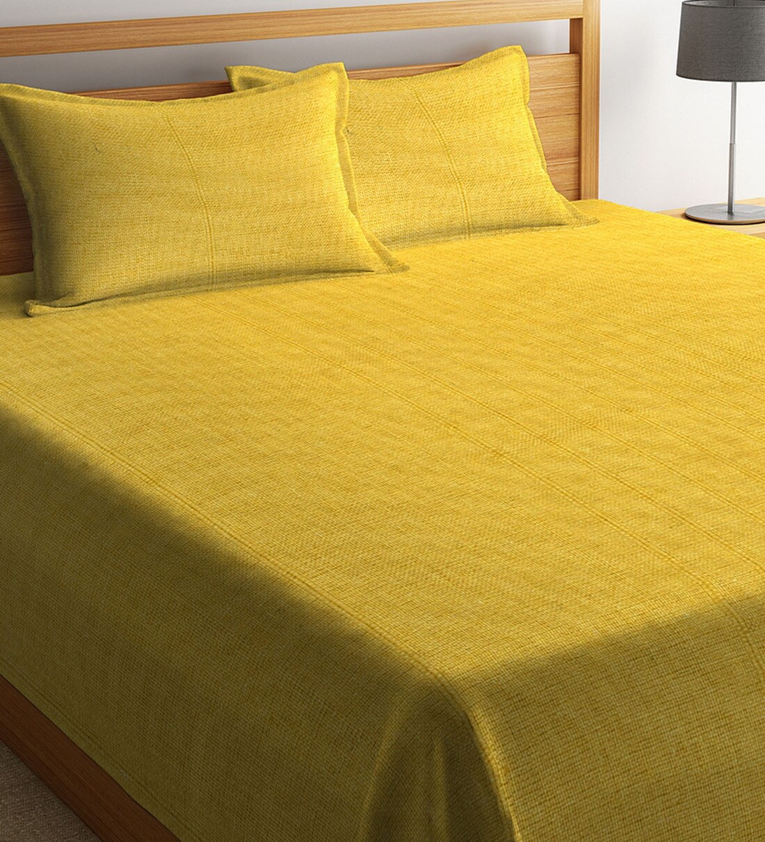 Buy Yellow Solid/Self Design Cotton Double 300 TC Bed Cover With 2