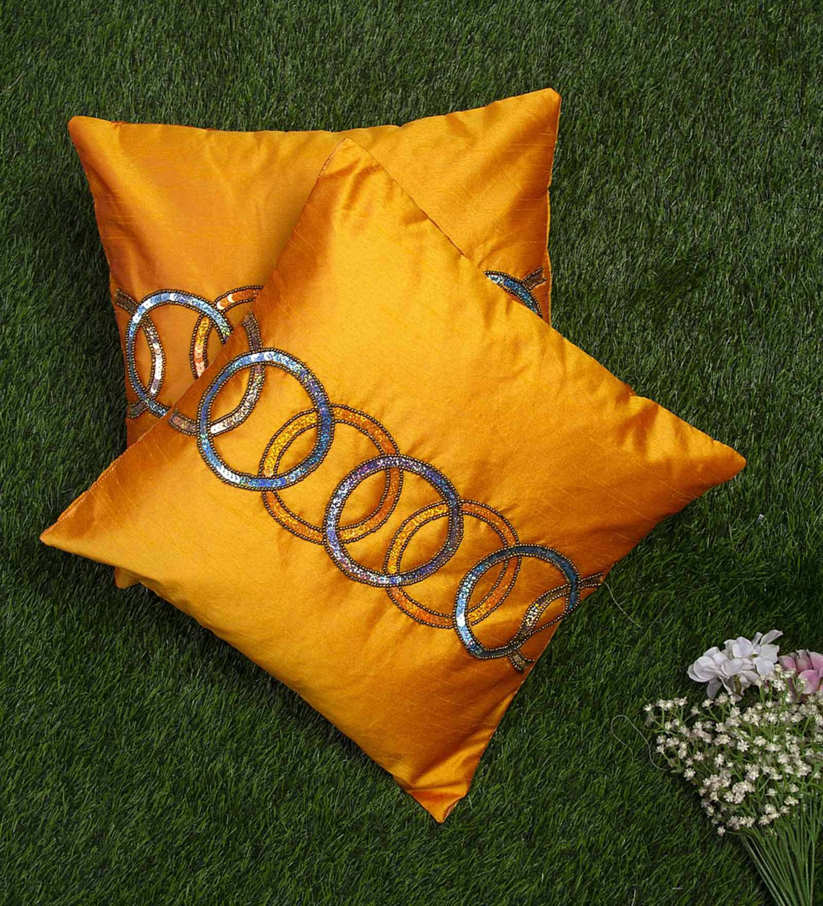 Buy Yellow Embroidered ( Set of 2 ) Cushion covers 16x16 Inch Alina decor by Alina Decor Online