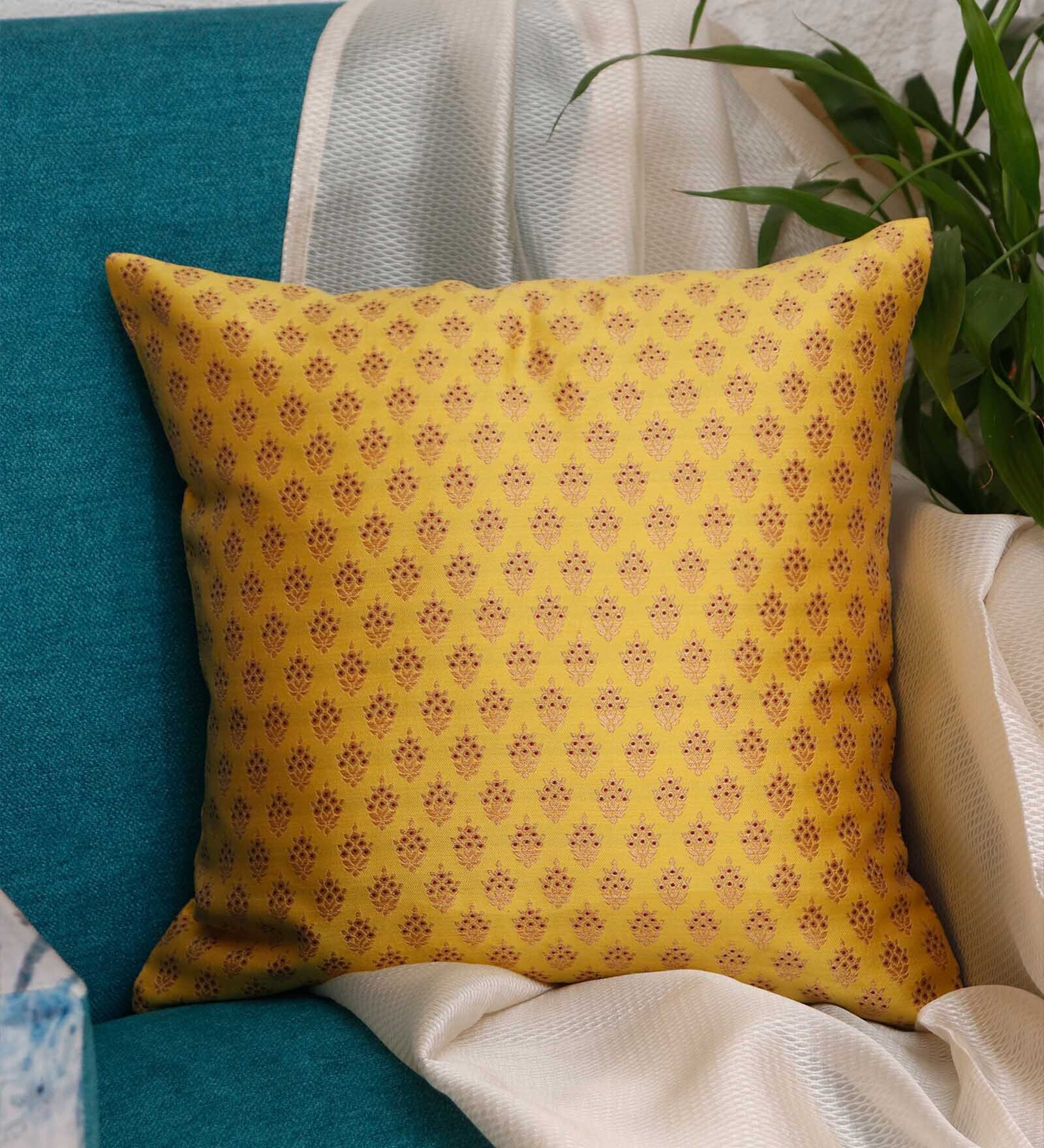 Buy Yellow Traditional Polyester Blend 16 x 16 Inches Cushion Cover by