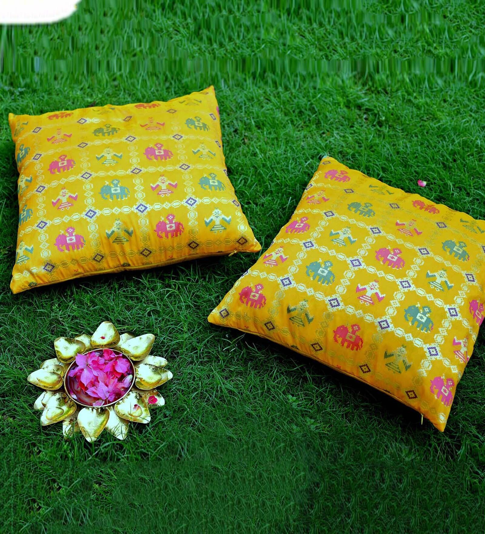 Buy Yellow Traditional Silk Blend 16 x 16 Inches Cushion Covers (Set of 2) by House Of Silko