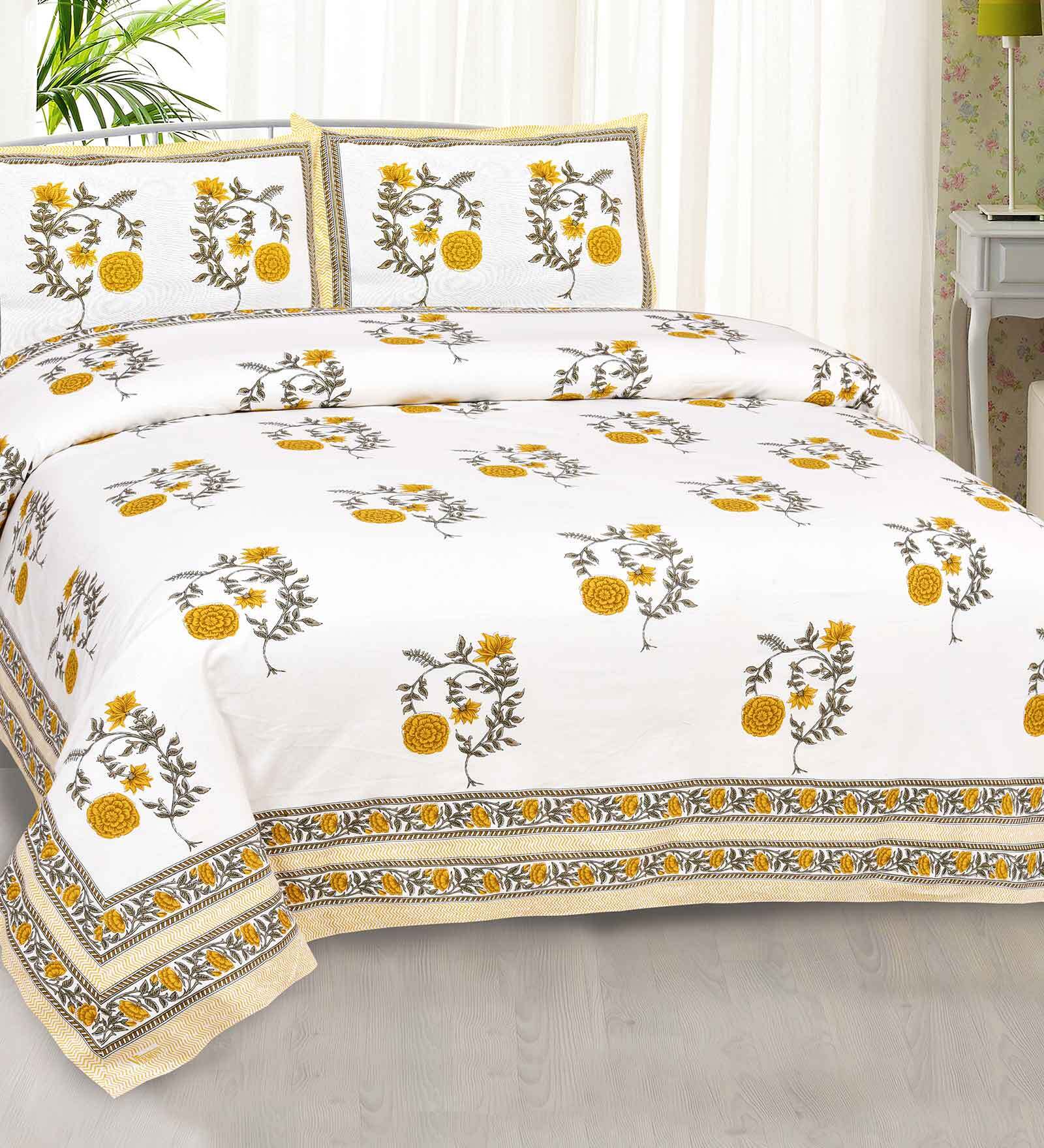 Buy Yellow Floral 300 TC Cotton Queen Sized Bed Sheets with 2 Pillow
