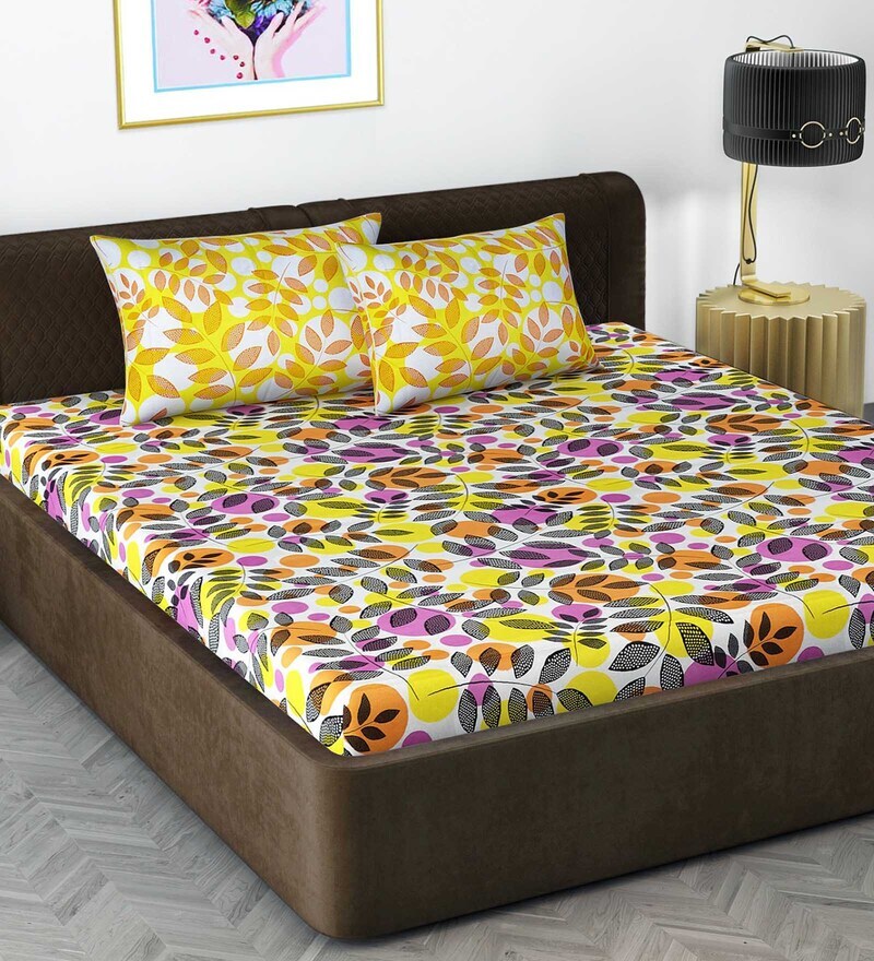 Buy Yellow Floral 144 TC 100 Cotton King Sized Bed Sheets with 2