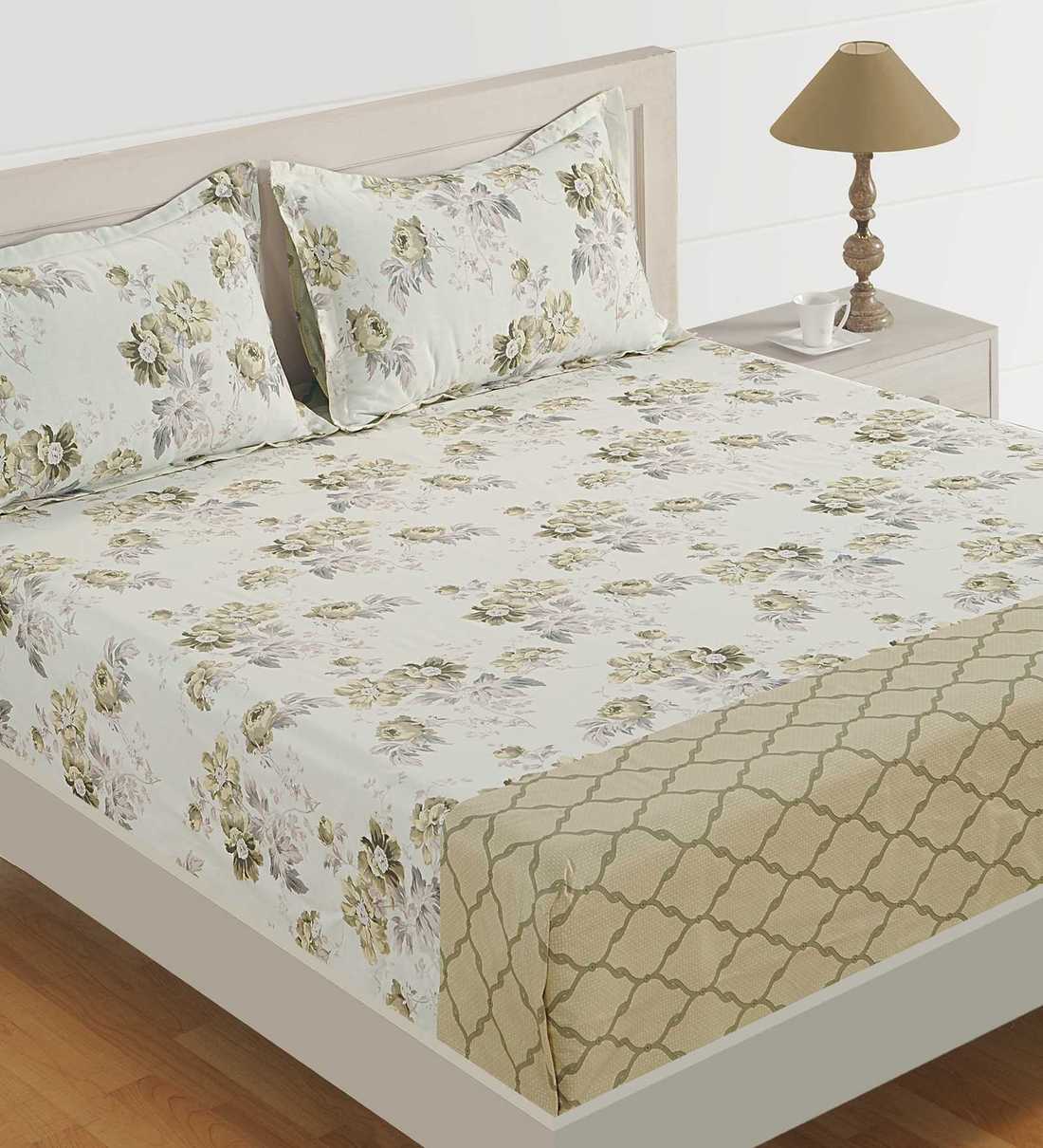 Buy White Floral 250 TC Cotton 1 Double King Size Bedsheet with 2